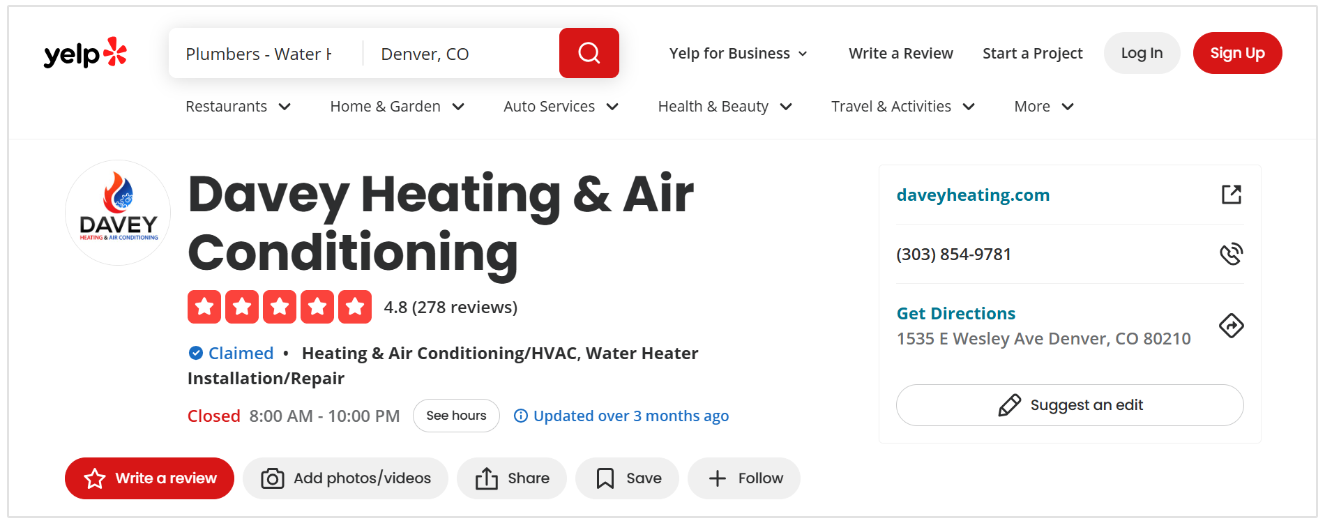 Yelp listing for plumbers and HVAC